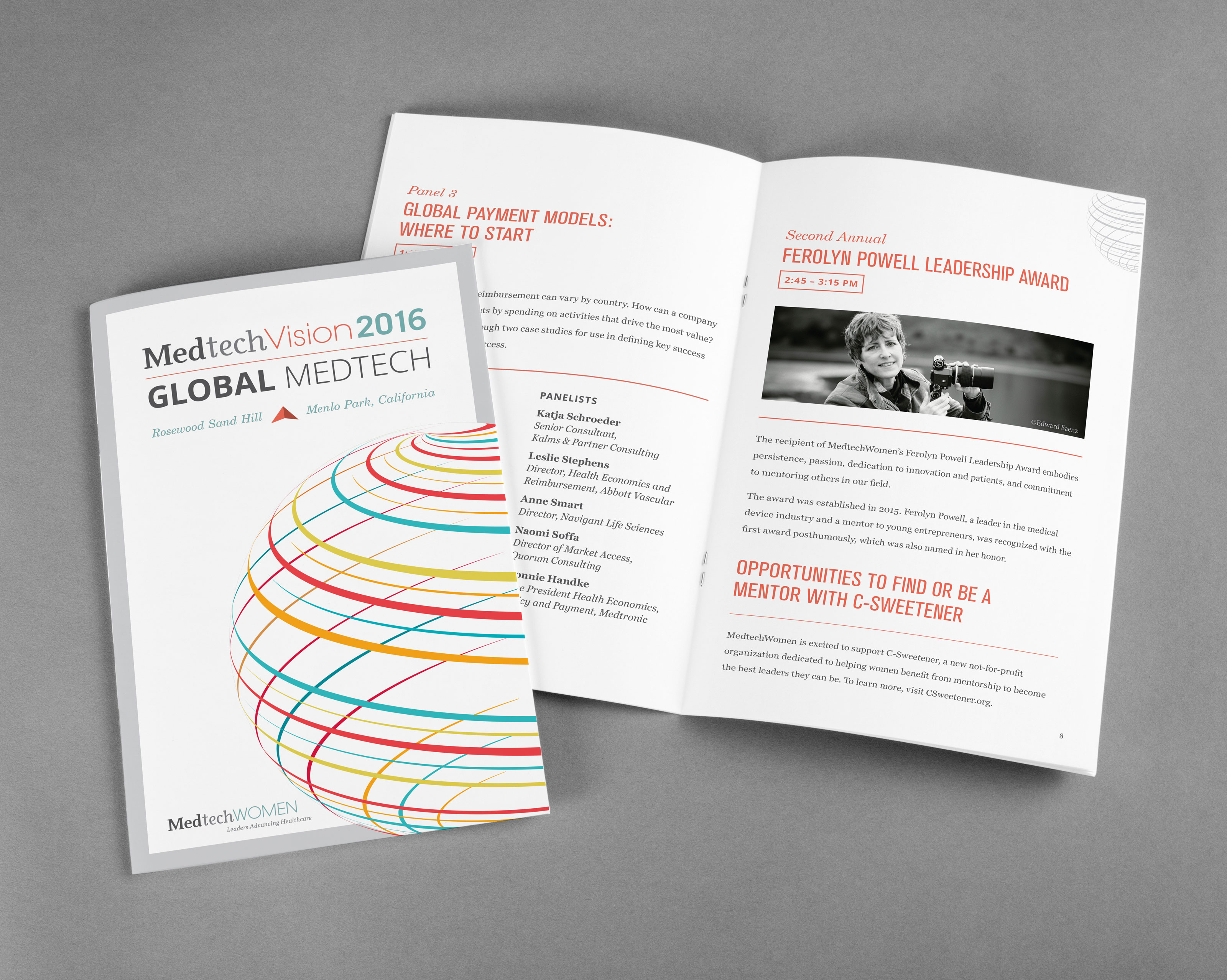 An open copy of the MedTech-Vision 2016 event program brochure, showcasing interior pages alongside abstract colorful graphic designs.