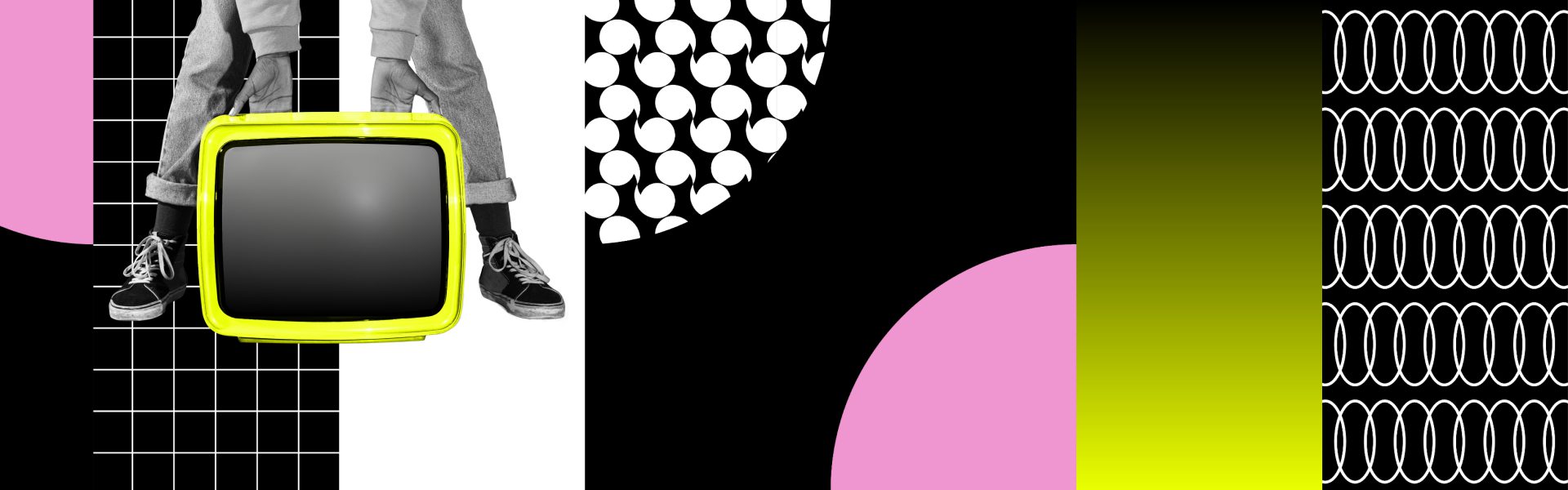 Patterned graphics and person holding TV