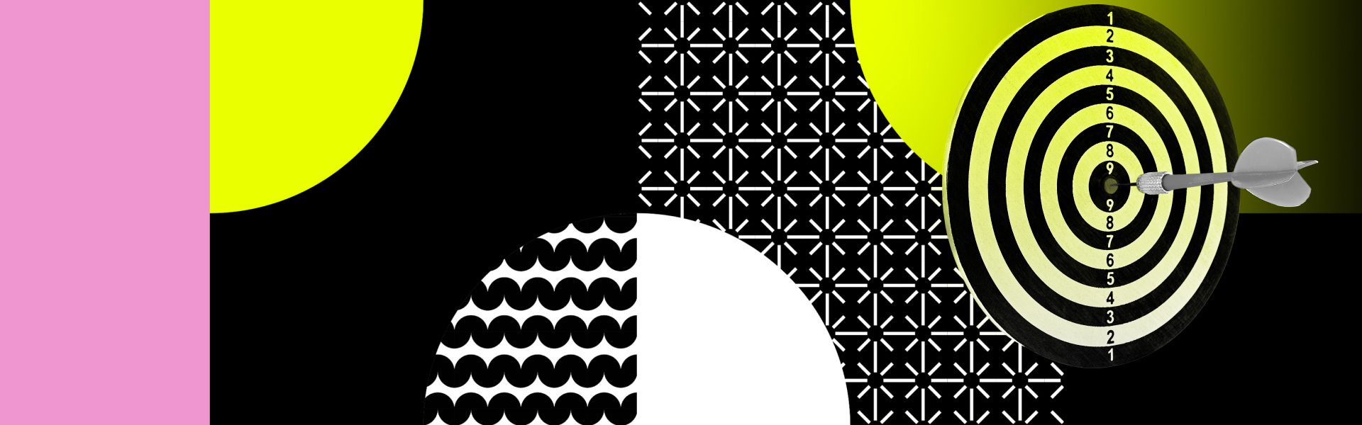 graphic with many patterns and a dart on a bullseye