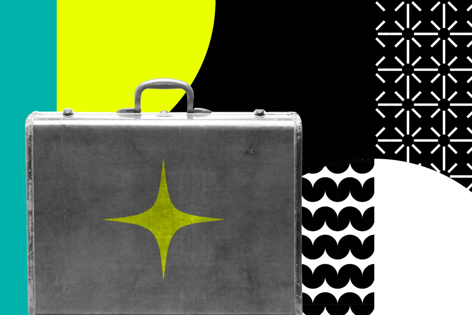 graphic with many patterns and briefcase with a star