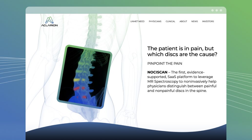 Aclarion Website Homepage Screenshot -X-Ray Image of spine