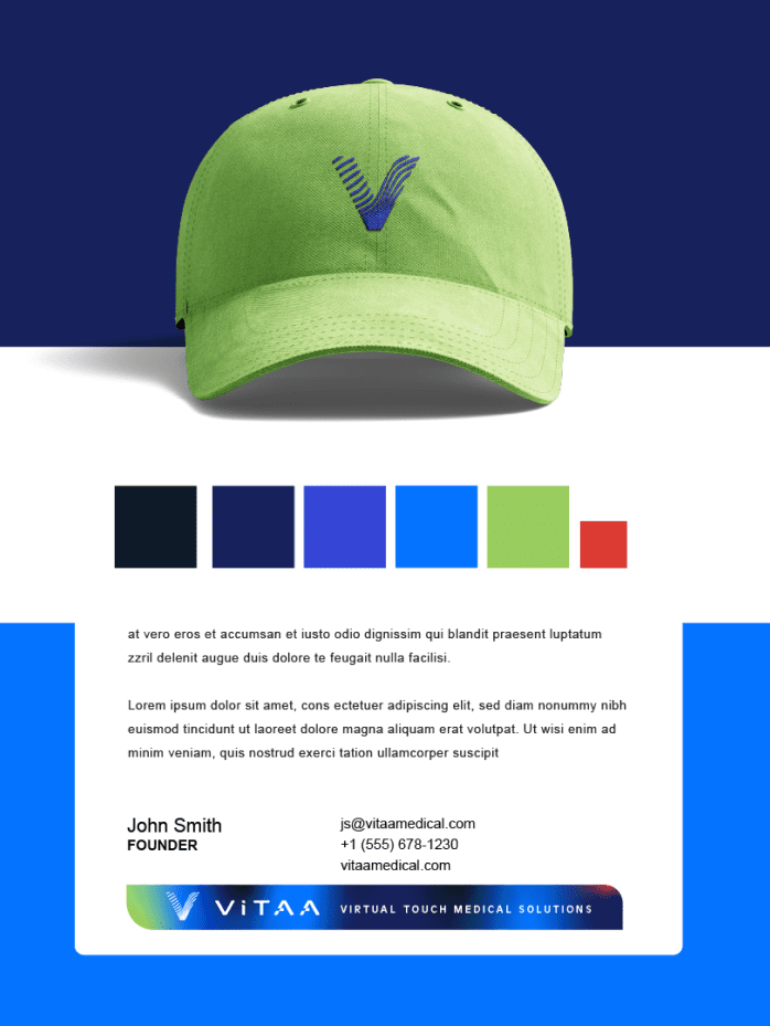 ViTAA Mockup of email signature using gradients with ranges of colors in dark and light blue, lime green and red.