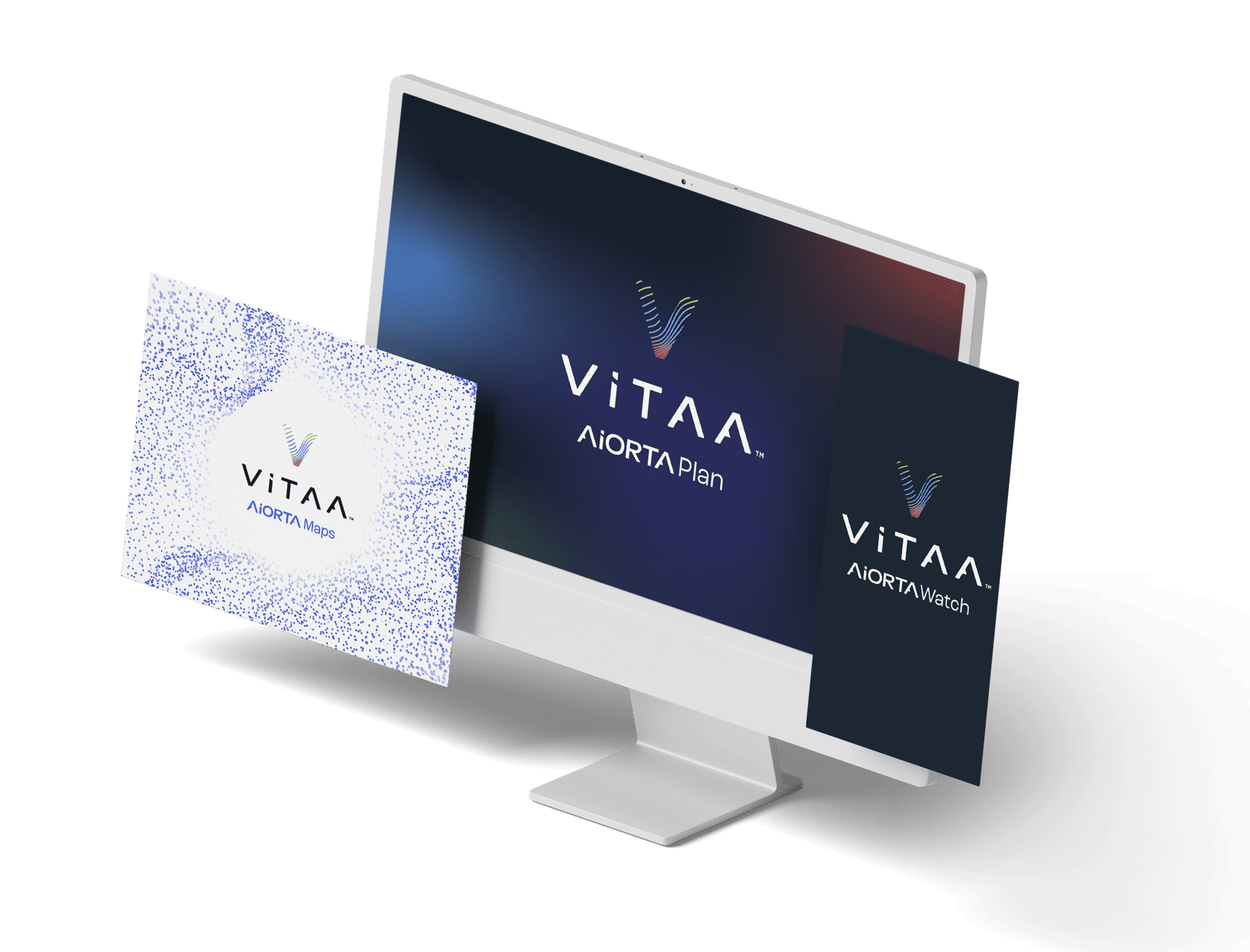 A clean product mockup of ViTAA medical software displayed on an iMac screen with the ViTAA AiORTA Plan logo, flanked by two floating branded graphics for ViTAA AiORTA Maps and ViTAA AiORTA Watch against a transparent grid background.