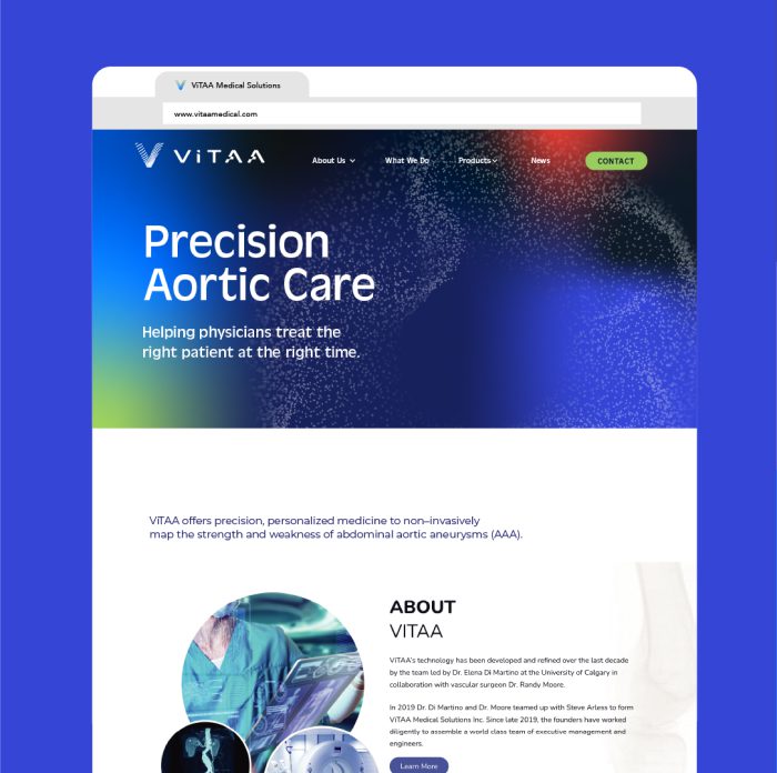 ViTAA Mockup of website using gradients with ranges of colors in dark and light blue, lime green and red.