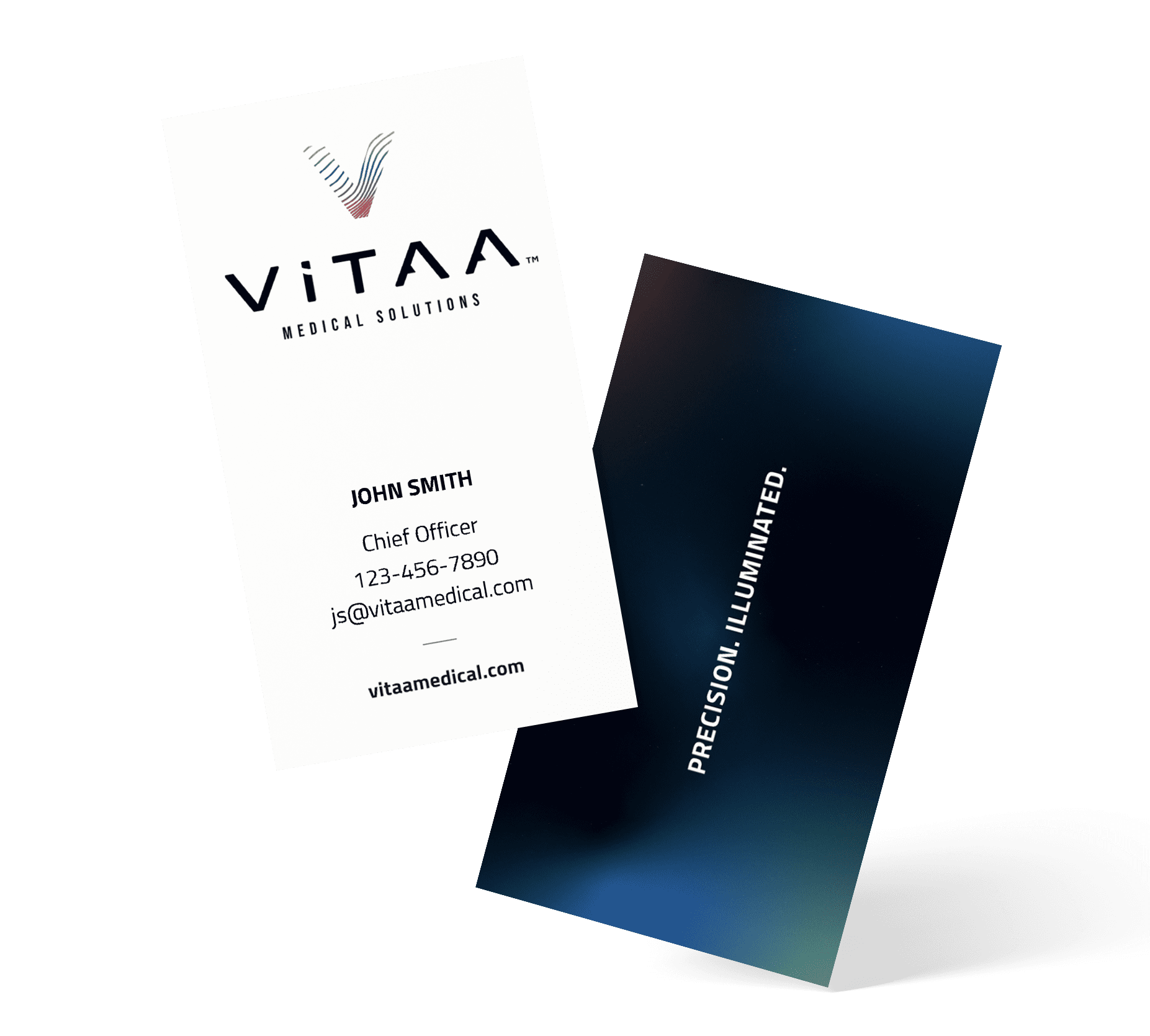 A product mockup of ViTAA Medical Solutions vertical business cards featuring one white card showing contact details for 'John Smith, Chief Officer' under the stylized multicolored ViTAA logo, and a second dark gradient card displaying the vertical tagline 'PRECISION. ILLUMINATED.' against a transparent grid background.