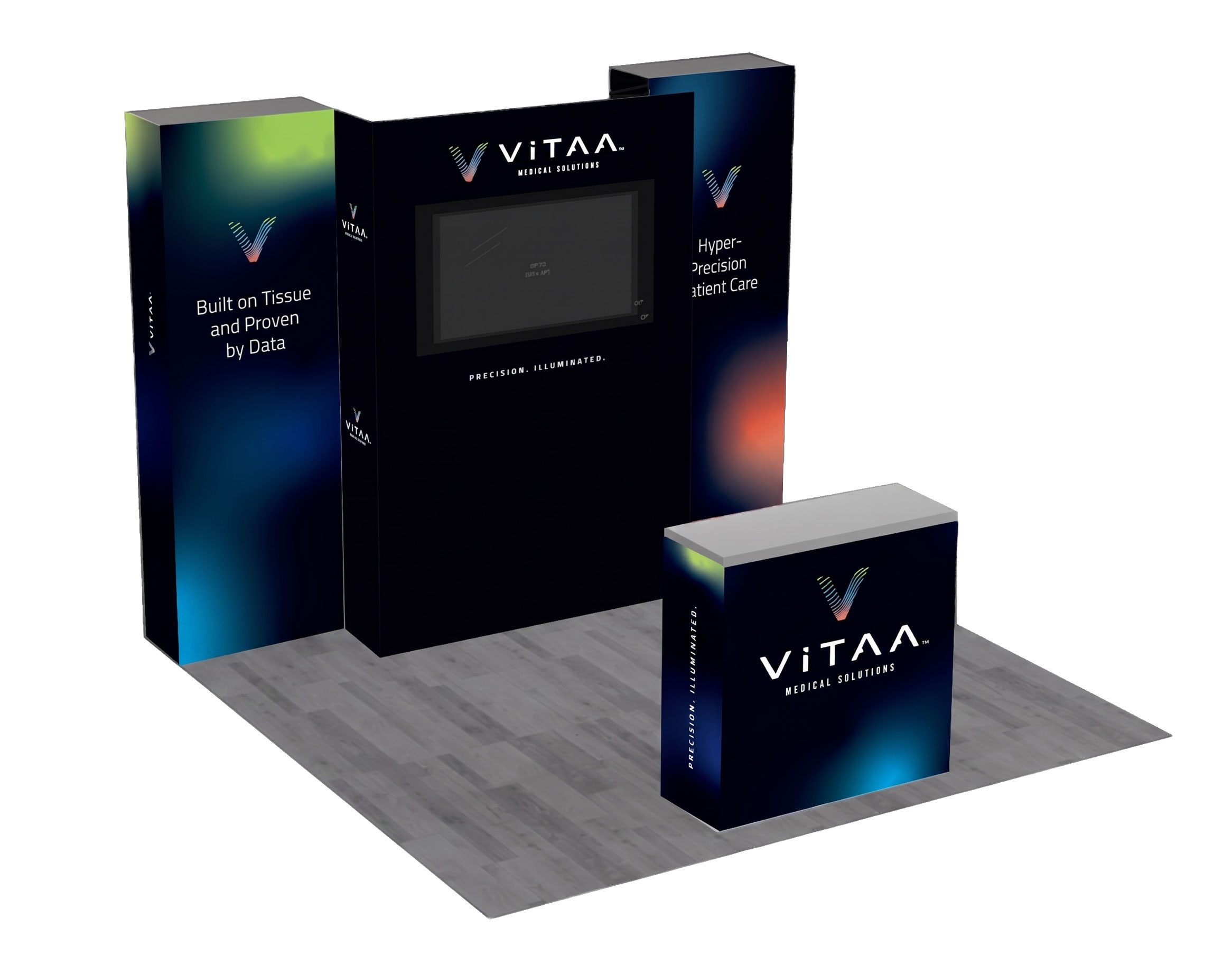 A 3D rendering mockup of a ViTAA Medical Solutions tradeshow booth display featuring large vertical banners reading 'Built on Tissue and Proven by Data' and 'Hyper-Precision Patient Care' alongside a central monitor station reading 'Precision. Illuminated.' on a grey wood-plank floor layout.