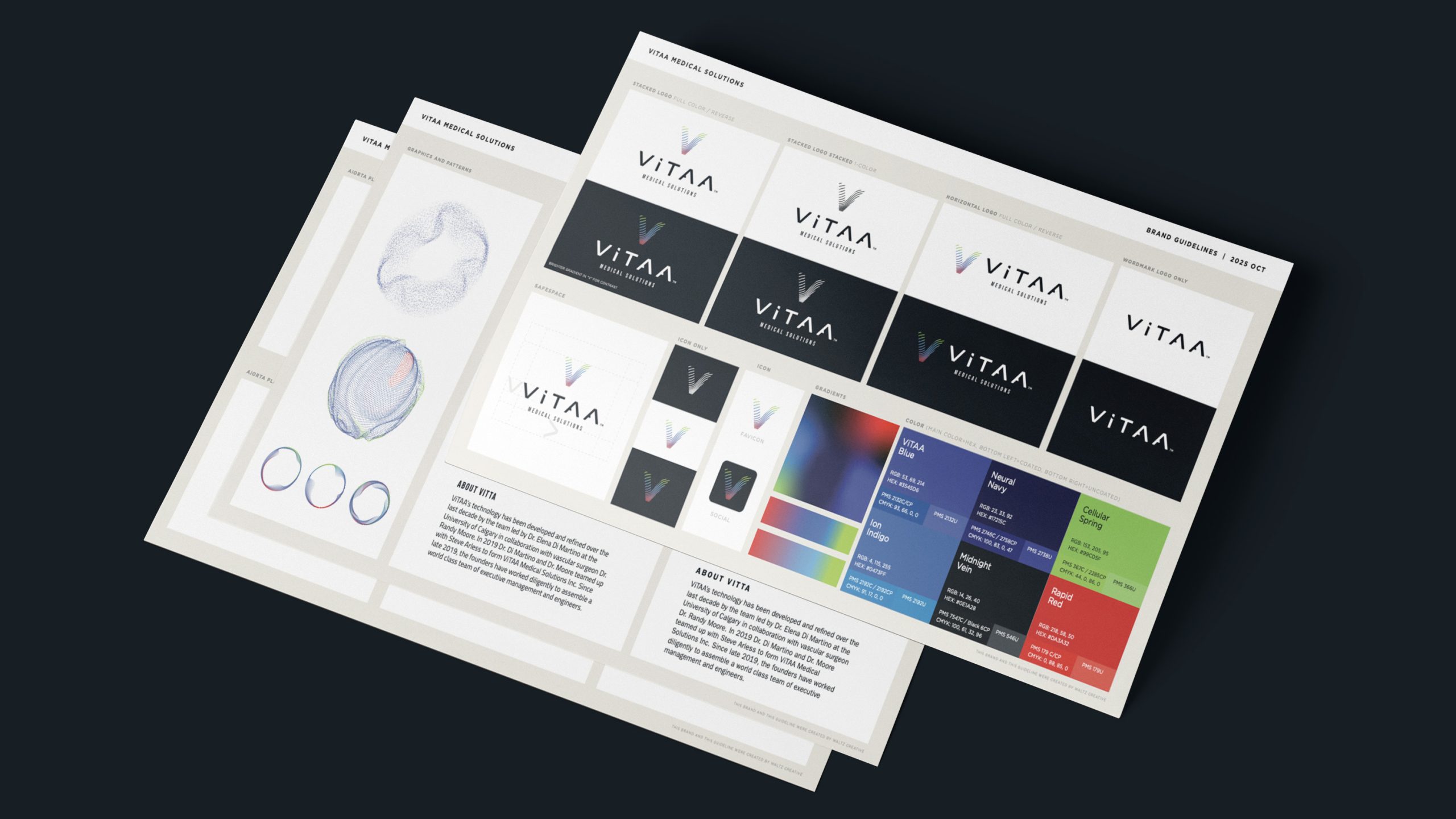 ViTAA Medical Solutions brand guidelines mockup showing the logo mark variants, typography styling, and color palette ranges on a dark grid background.