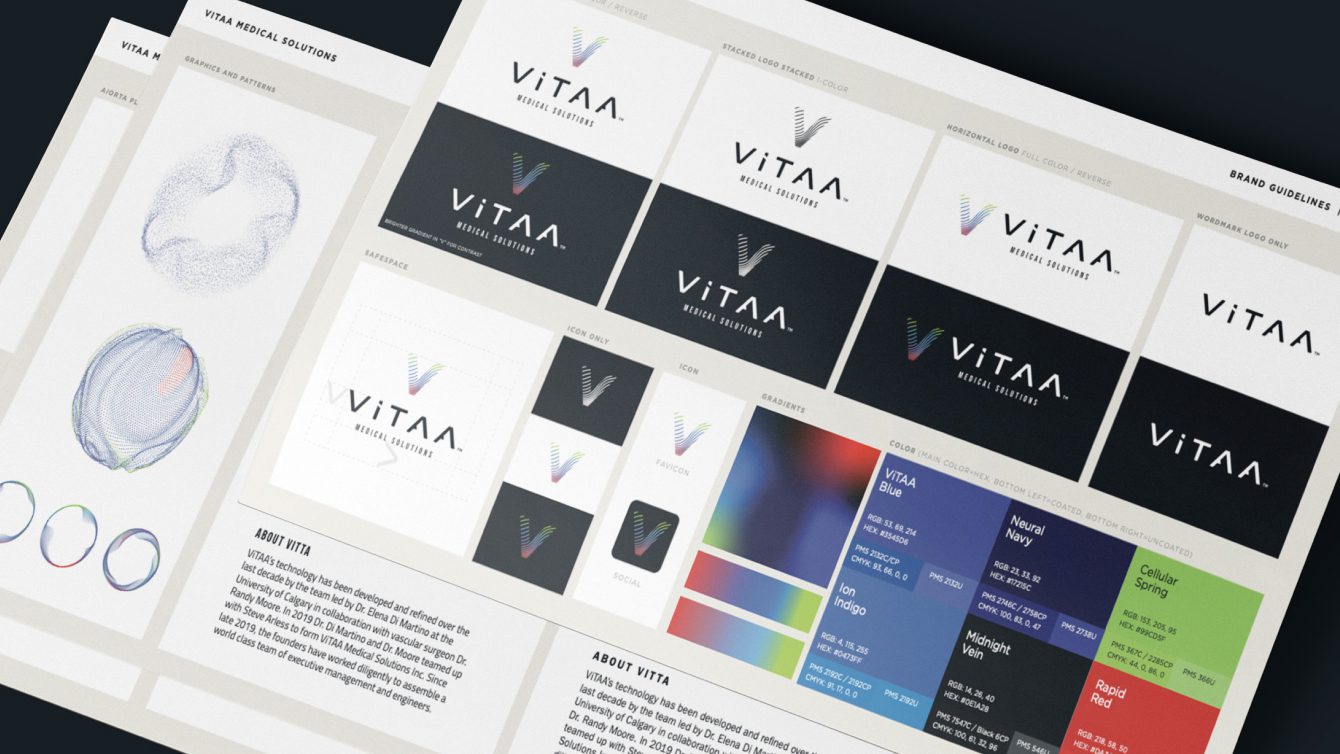 ViTAA Medical Solutions brand guidelines mockup showing the logo mark variants, typography styling, and color palette ranges on a dark grid background.