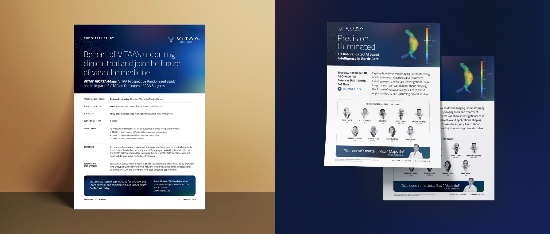 A product mockup showing two printed marketing documents for ViTAA Medical Solutions. The left flyer highlights 'The ViTAA Study' for upcoming clinical trials in vascular medicine. The right flyer displays an invitation to a symposium titled 'Precision. Illuminated. Tissue-Validated AI based Intelligence in Aortic Care,' featuring medical imagery of an abdominal aortic aneurysm color-mapped model on a dark background.