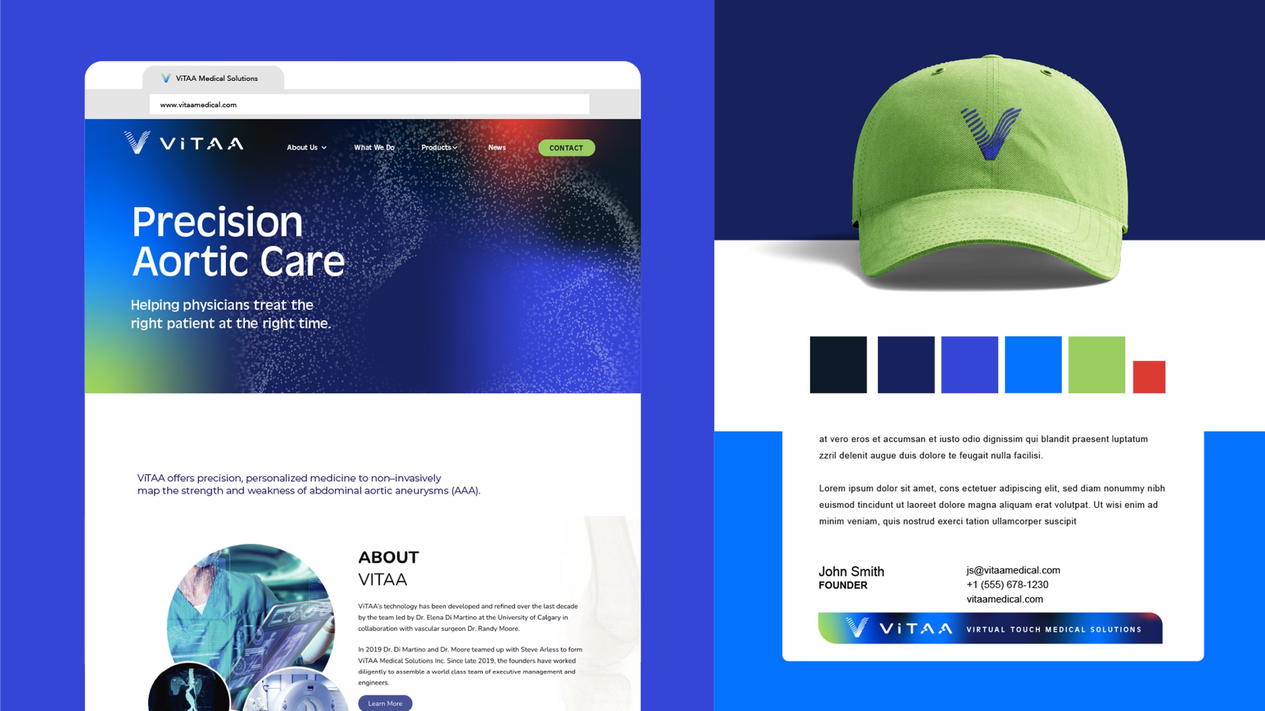 ViTAA Mockup of website using gradients with ranges of colors in dark and light blue, lime green and red.