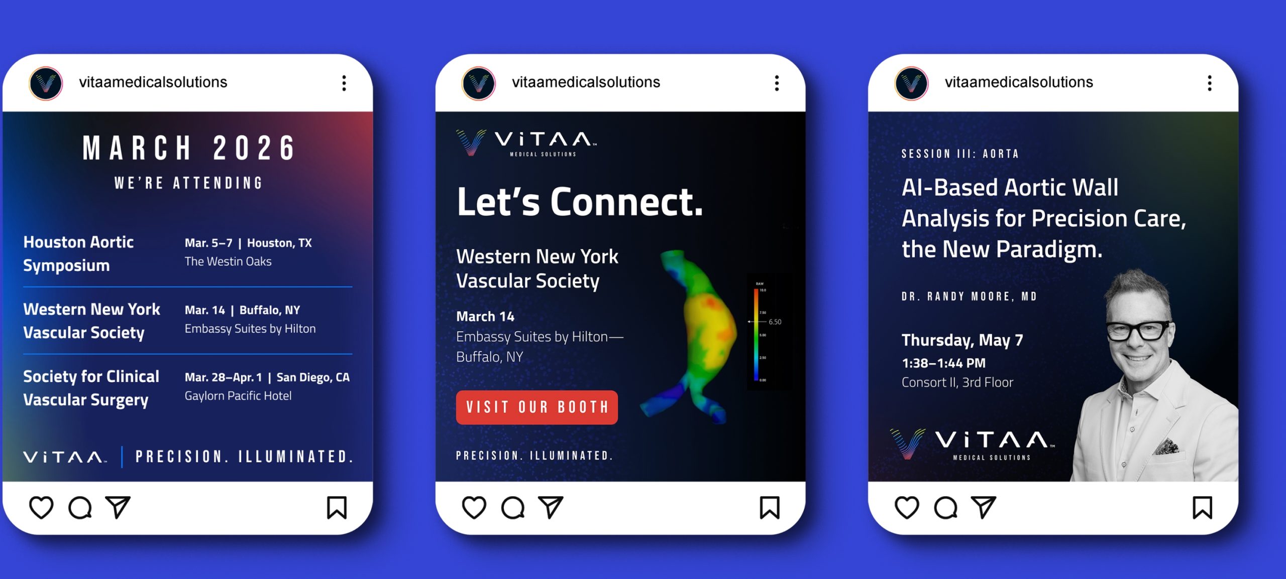 mockup of ViTAA Medical Solutions social media graphic templates, featuring corporate typography, abstract vascular line art, and high-contrast clinical color presets on a dark background.