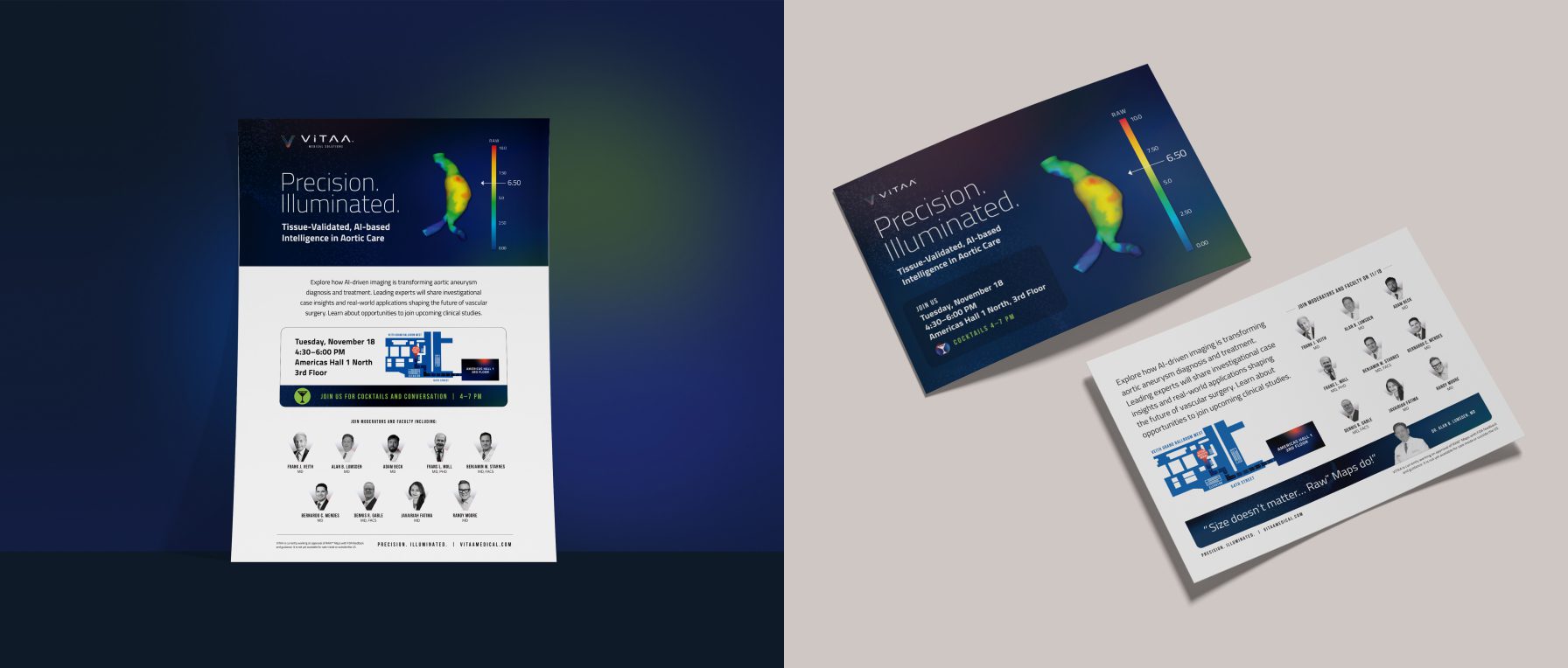 A promotional mockup showcasing a printed poster and a matching handout for a ViTAA Medical Solutions symposium. Both pieces feature a dark gradient background with a colorful 3D aortic aneurysm map.