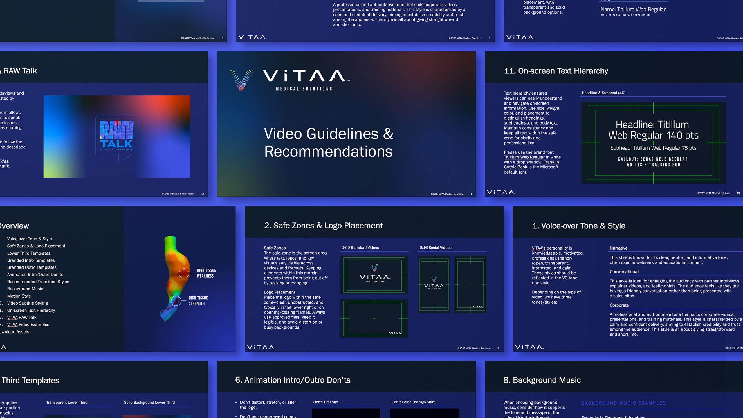 A dark-themed grid layout displaying ViTAA Medical Solutions' video production and brand guidelines.