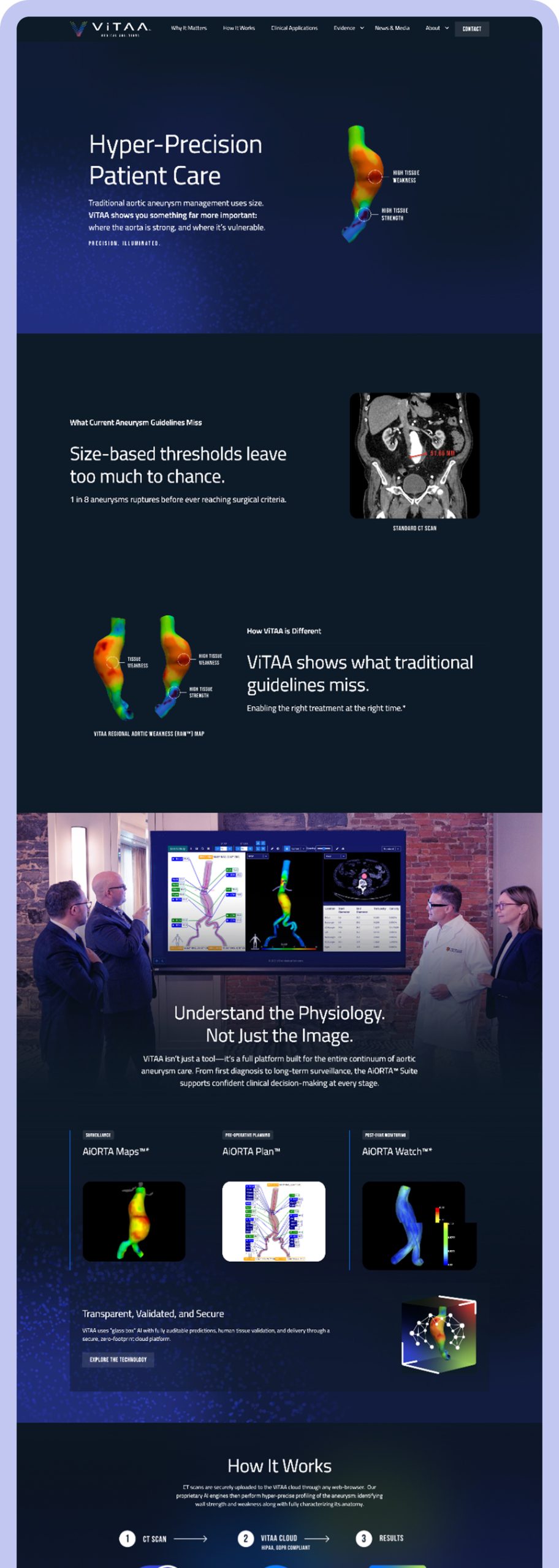 A full-page scrolling website mockup for ViTAA Medical Solutions showcasing a dark blue theme. Sections feature clinical 3D vascular maps, anatomical CT scans, and a photography section of a medical team reviewing data. Highlighted product modules include cards for 'AiORTA Maps,' 'AiORTA Plan,' and 'AiORTA Watch' above a 'How It Works' workflow timeline.
